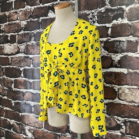 Cabi Blouse Women's XS Extra Small Yellow Leopard Print Sunny Tie Wrap Peplum - Picture 6 of 14